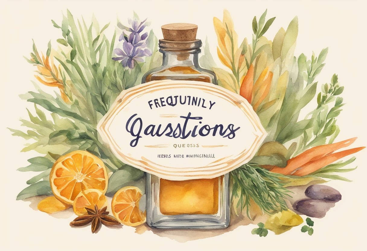 A colorful array of saffron, herbs, and spices arranged around a bottle of elixir, with a banner reading "Frequently Asked Questions" overhead