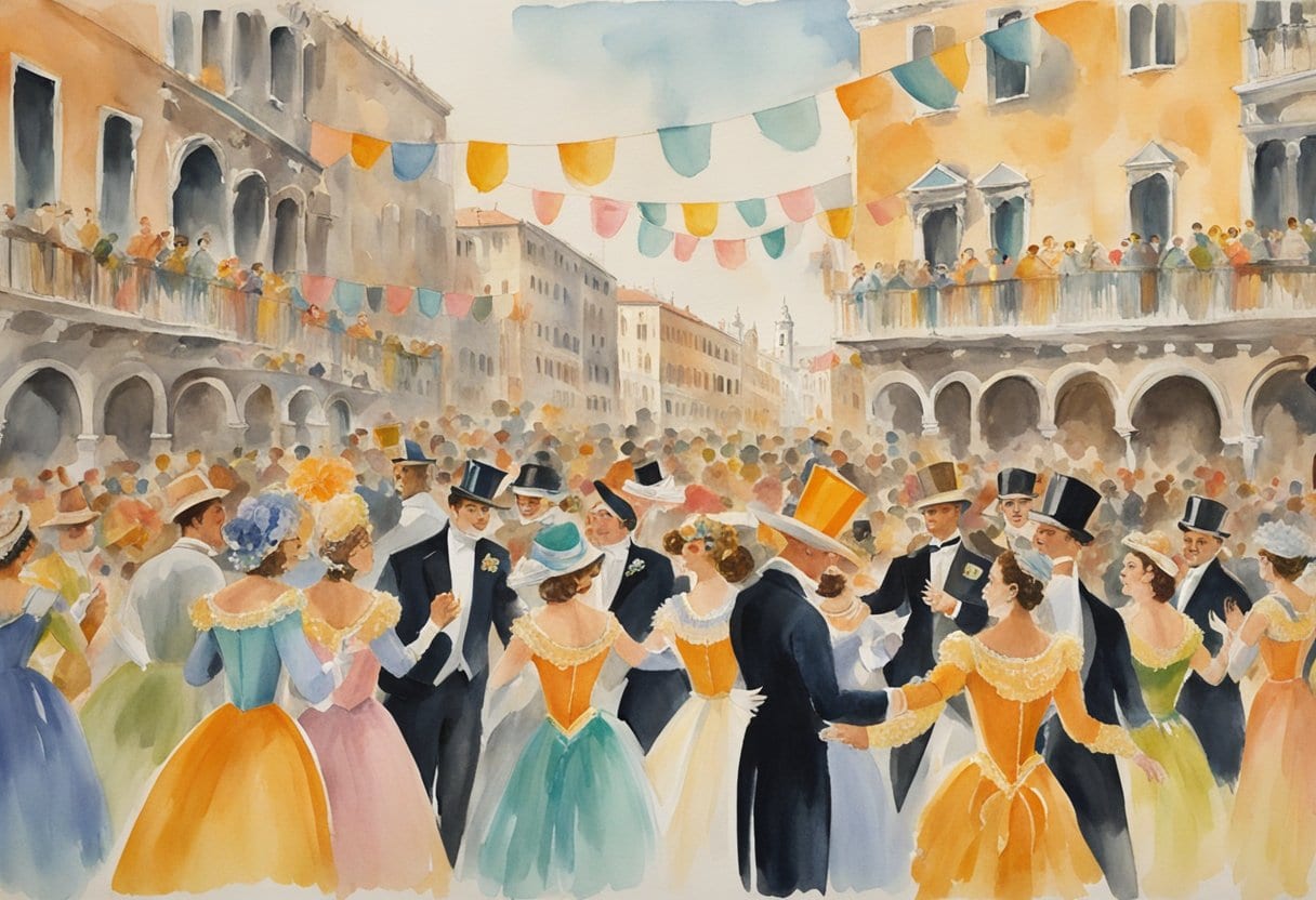 A crowded Venetian square, adorned with colorful banners and ornate masks, as revelers dance and socialize at a Carnevale di Venezia masked ball