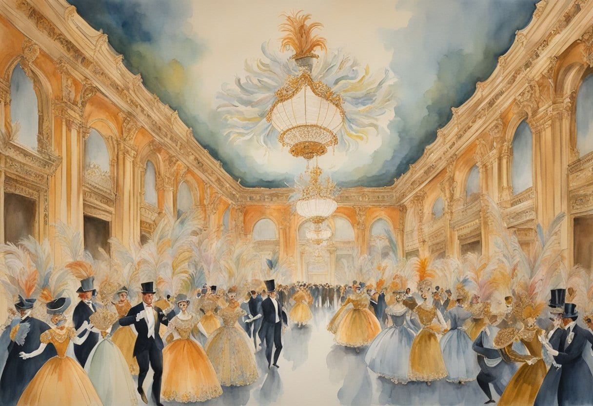 Elaborate masks fill the grand hall at La Fenice, adorned with feathers, jewels, and intricate designs, as revelers dance and celebrate at the Carnevale di Venezia