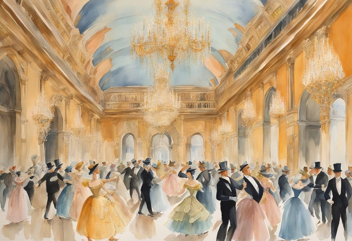 Masked figures dance under the grand chandeliers at Ca' Rezzonico, surrounded by opulent Venetian carnival decor