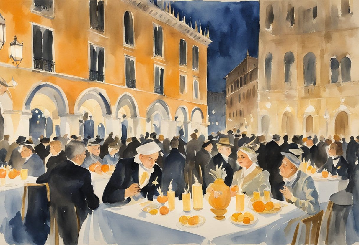Candlelit tables in St. Mark's Square, adorned with Venetian masks, as revelers celebrate Carnevale di Venezia