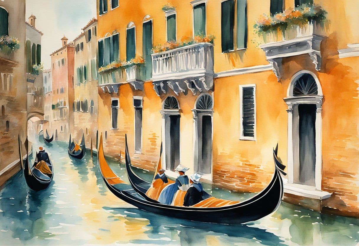 Gondolas adorned with twinkling lights glide through the Venetian canals during the Carnevale di Venezia, with masked revelers celebrating at a grand ball