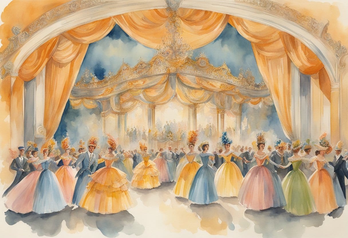 A grand stage with ornate masks, elaborate costumes, and swirling dancers at a Venetian carnival ball during a classic opera performance
