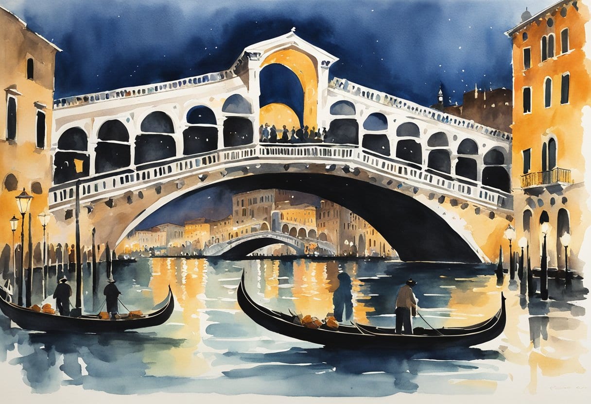 The Rialto Bridge is illuminated with colorful lights for Carnevale di Venezia, creating a vibrant and festive atmosphere for the Venetian festival's masked ball