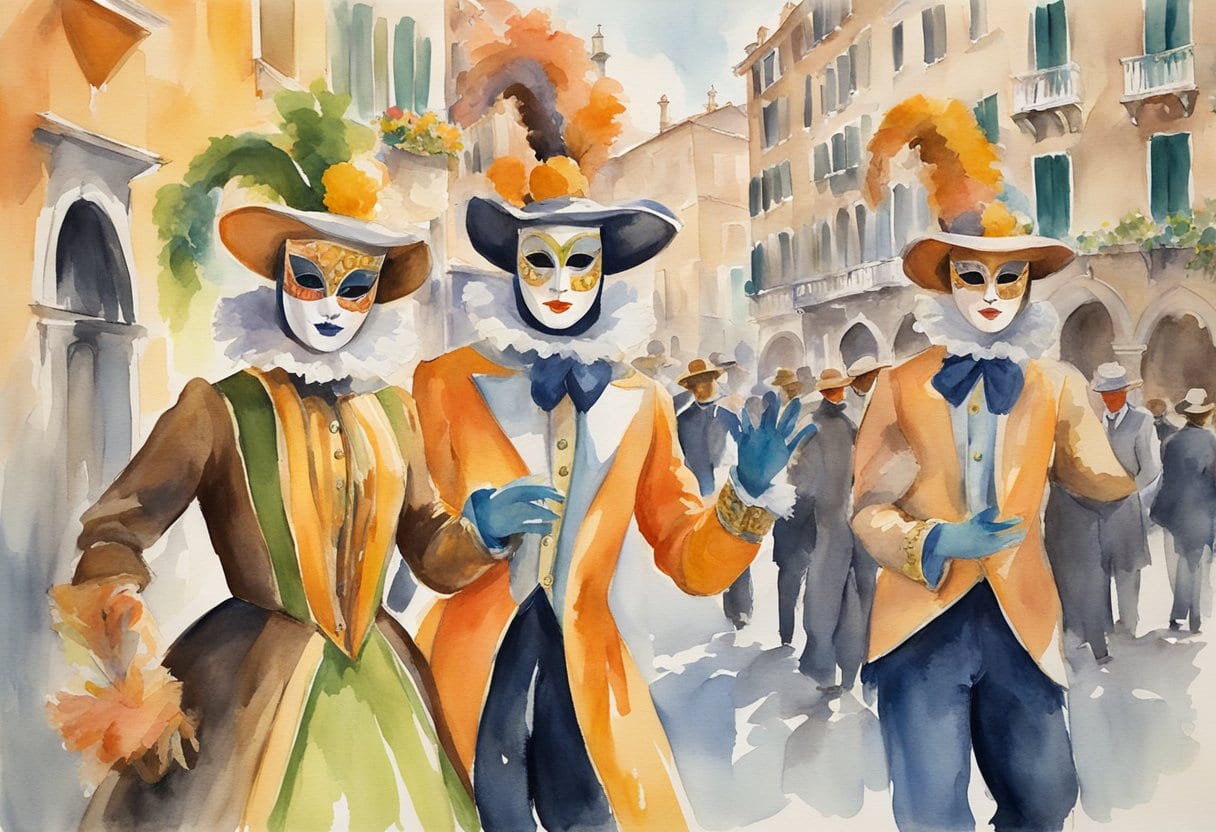 Vibrant Harlequin street performers entertain at Carnevale di Venezia, with colorful masks and costumes adding to the festive atmosphere