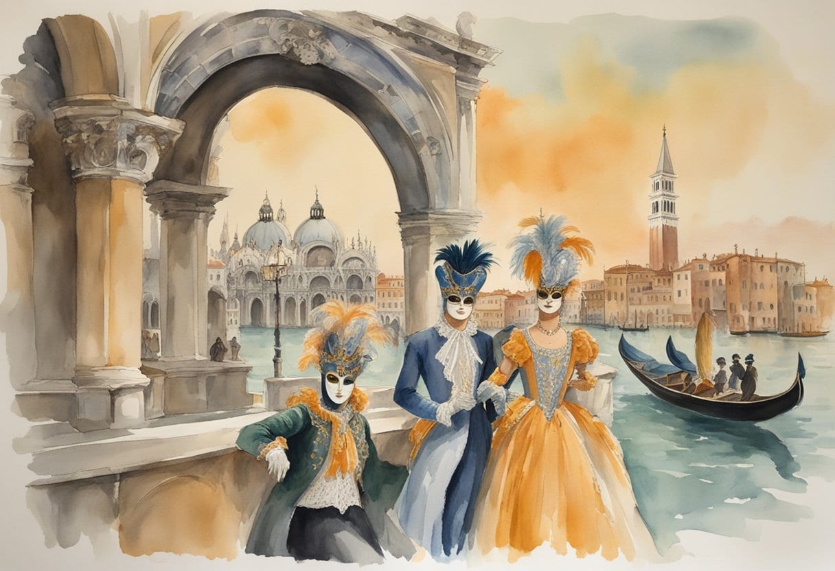 A grand masked ball at Carnevale di Venezia, with ornate masks, opulent costumes, and a backdrop of Venetian architecture and canals