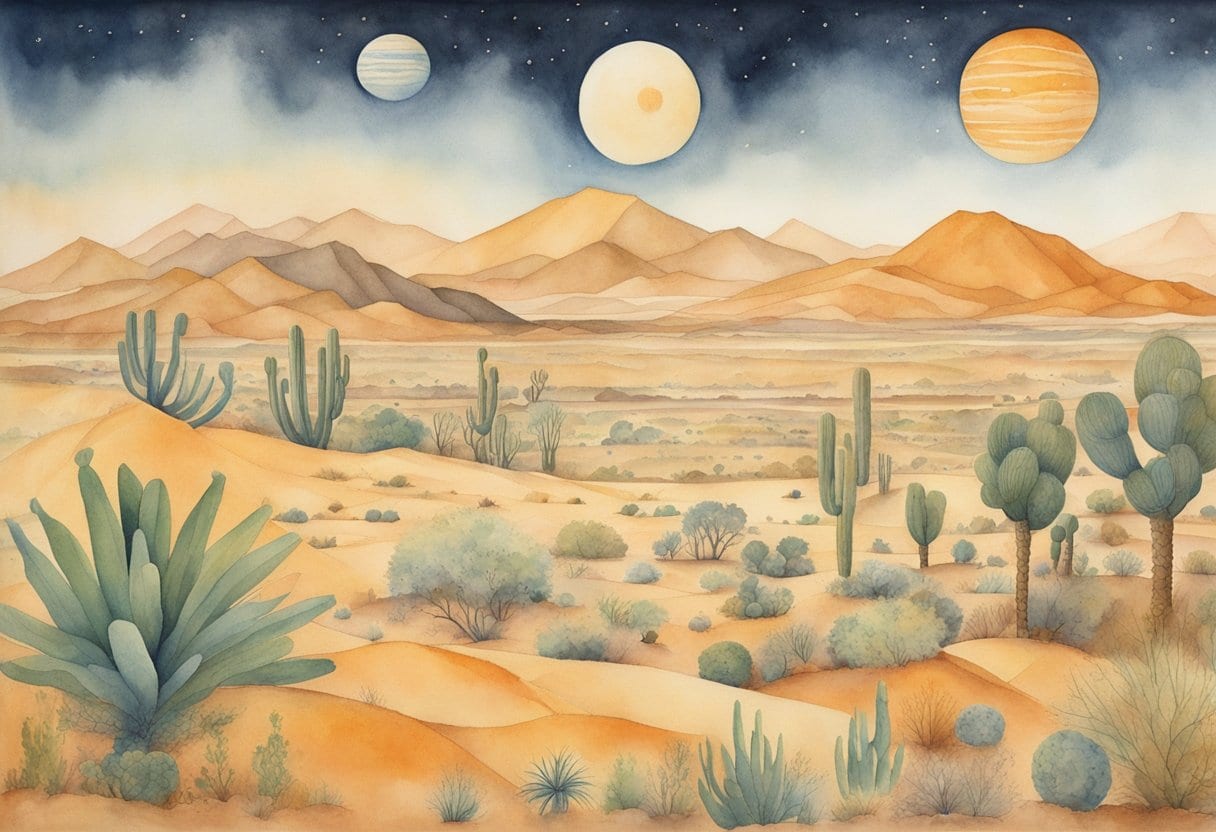 A vast desert landscape with intricate, large-scale geoglyphs etched into the earth, depicting animals, plants, and geometric shapes, all aligned with astronomical precision