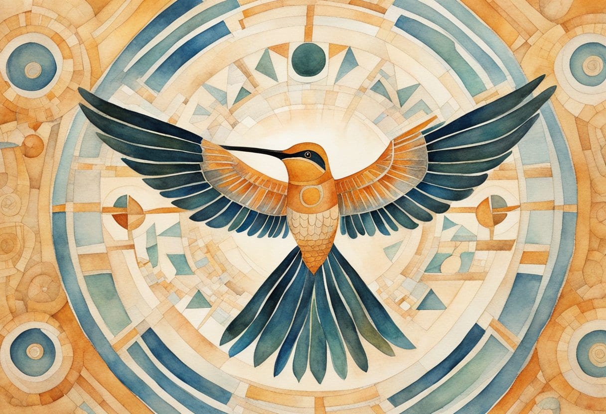 A hummingbird hovers above the intricate Nazca Lines, with celestial symbols surrounding it, showcasing the ancient Peruvian culture's astronomical knowledge