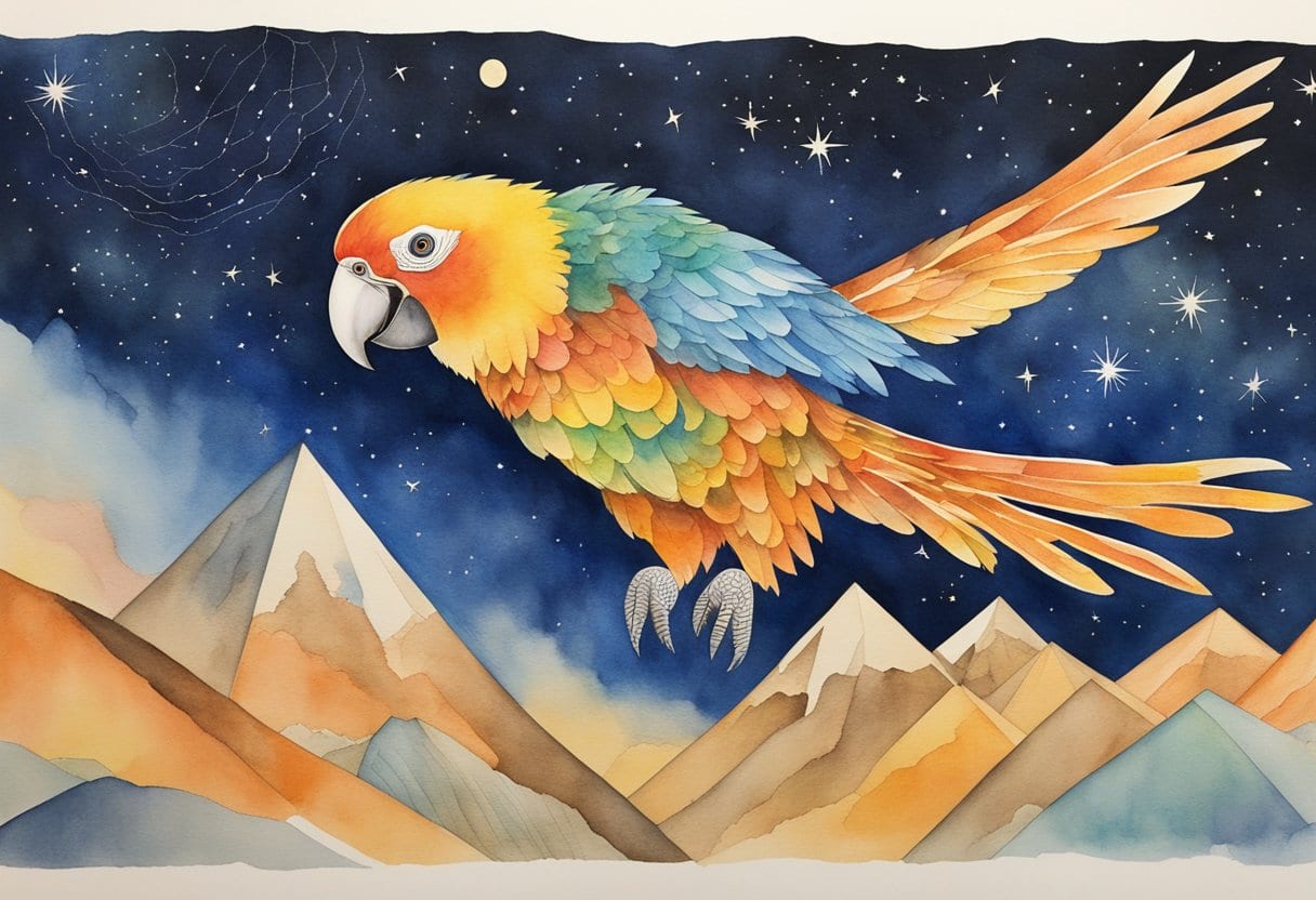 A colorful parrot soaring through the sky over the intricate and mysterious Nazca Lines, with the night sky filled with stars and constellations in the background