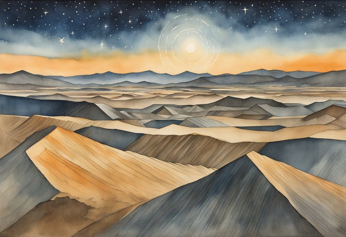 A clear night sky over the Peruvian desert, with the Nazca Lines etched into the earth, depicting intricate geometric and animal shapes