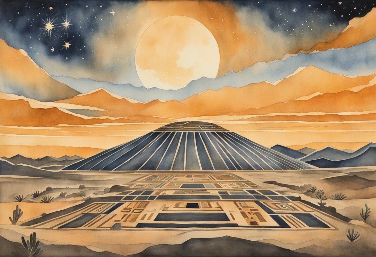 A clear night sky above the vast Peruvian desert, with intricate geometric and animalistic designs etched into the earth below, representing the astronomical knowledge and cultural significance of the ancient Nazca people