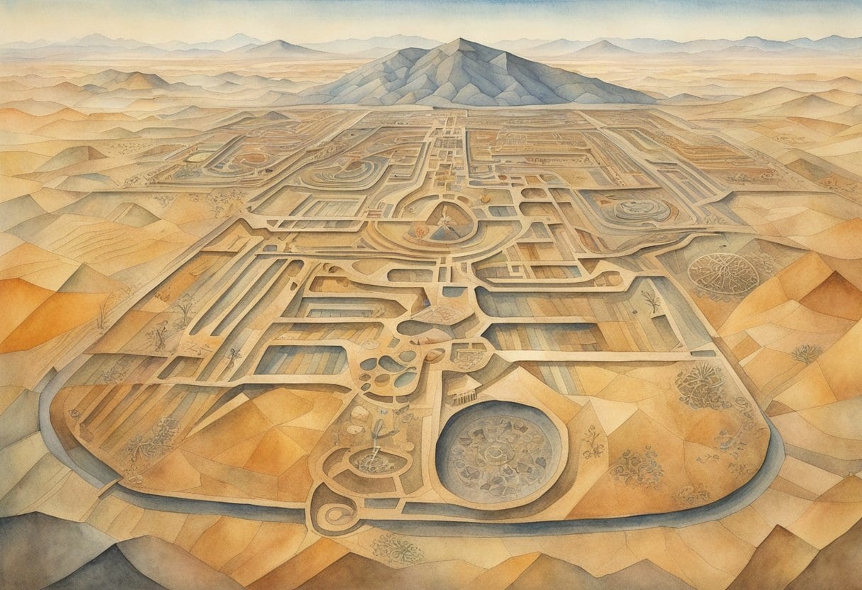 Aerial view of intricate Nazca Lines etched into the desert, depicting animals, plants, and geometric shapes with precision and scale