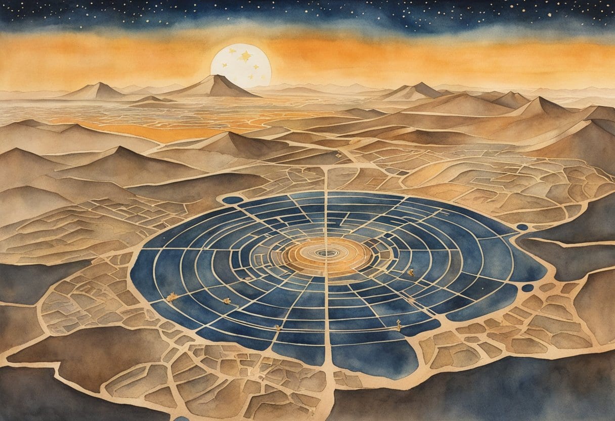 Aerial view of vast desert with intricate geometric and animal-shaped Nazca Lines etched into the earth, under a starry night sky