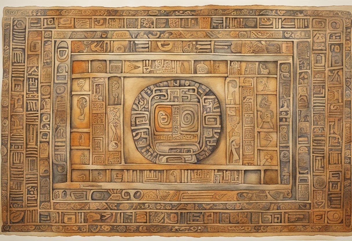 A stone tablet covered in intricate Mayan glyphs, surrounded by ancient scripts and symbols from the Pre-Columbian era