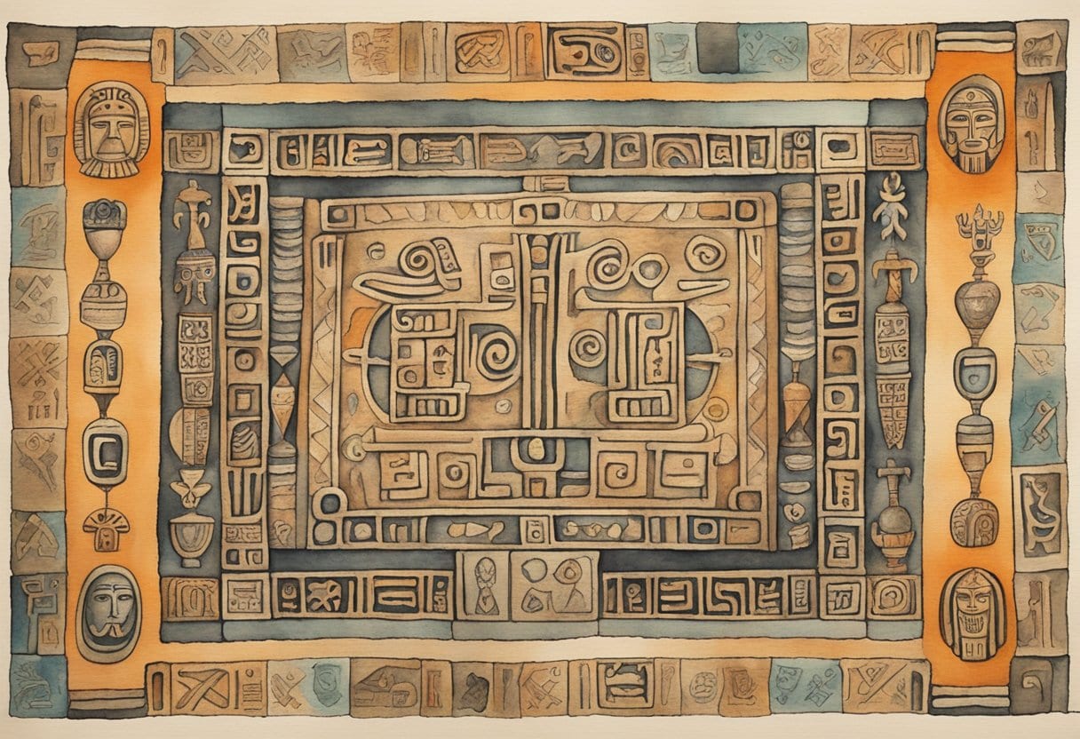 A stone tablet covered in intricate Mayan glyphs, surrounded by ancient artifacts and symbols