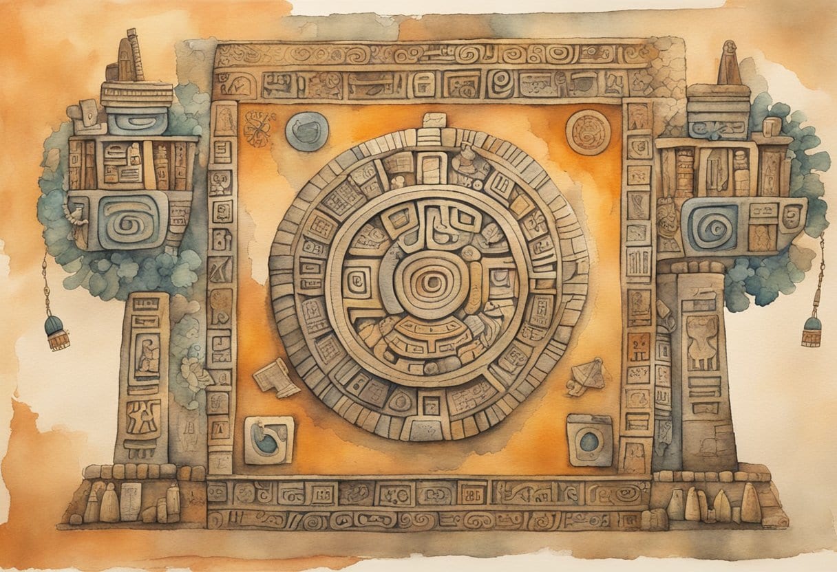A stone tablet with intricate Mayan glyphs surrounded by ancient artifacts and symbols