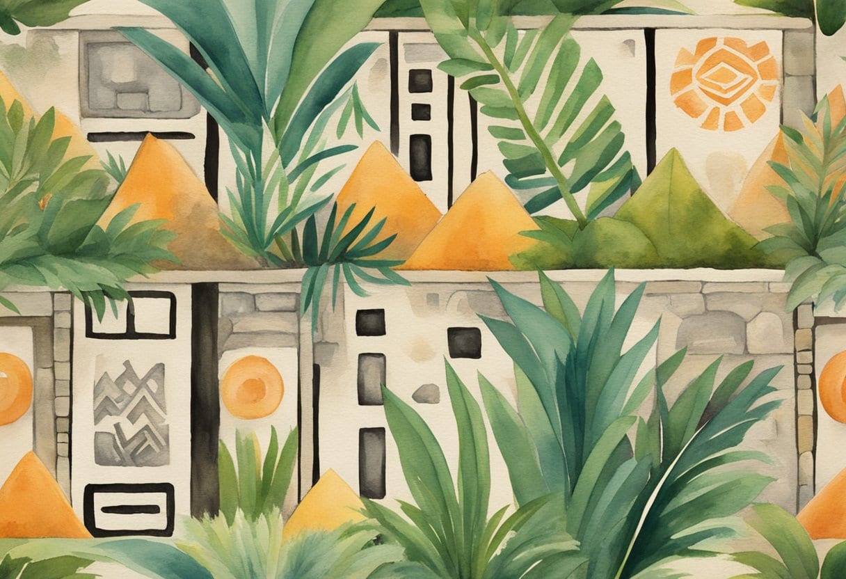 Ancient Mayan glyphs carved into stone tablets surrounded by lush jungle foliage