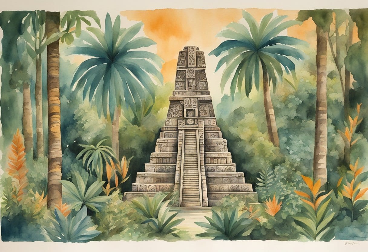 Ancient Mayan stelae with intricate glyphs and symbols, surrounded by lush jungle foliage