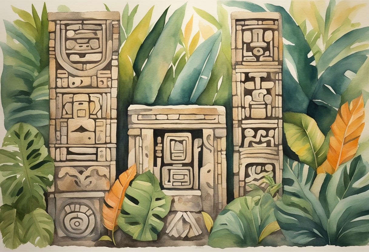 Ancient Mayan glyphs carved into stone tablets, surrounded by lush jungle foliage