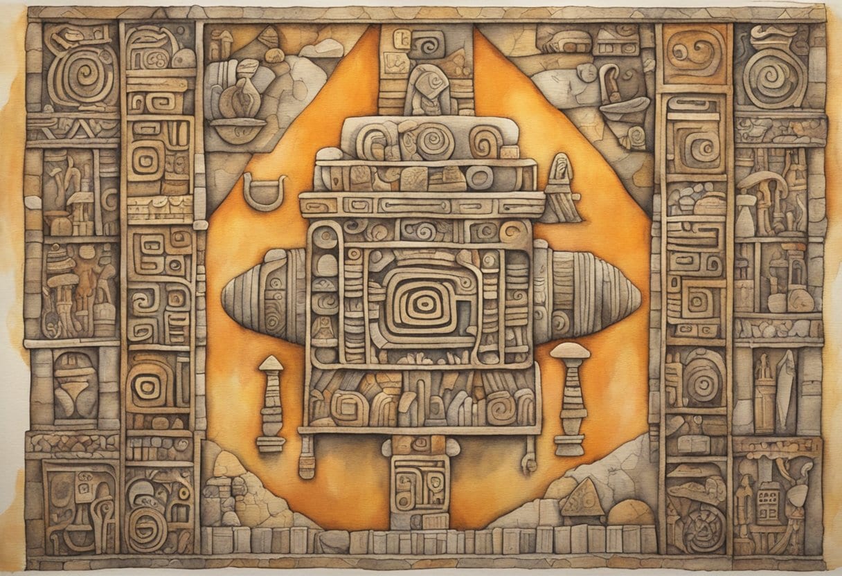 A stone tablet covered in intricate Mayan glyphs, surrounded by ancient artifacts and remnants of a pre-Columbian civilization