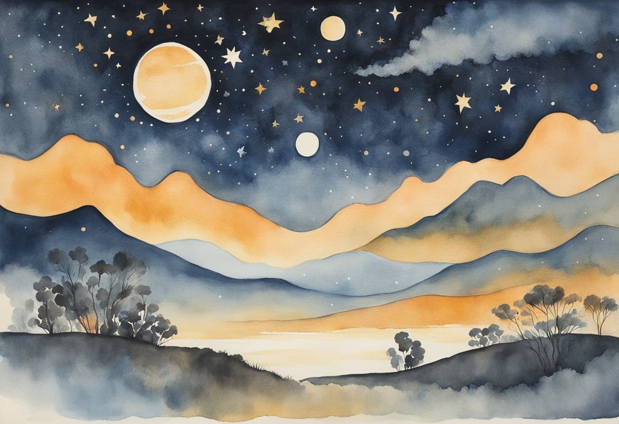 A night sky filled with celestial beings, representing Djulpan and Yolngu mythology in Aboriginal star lore