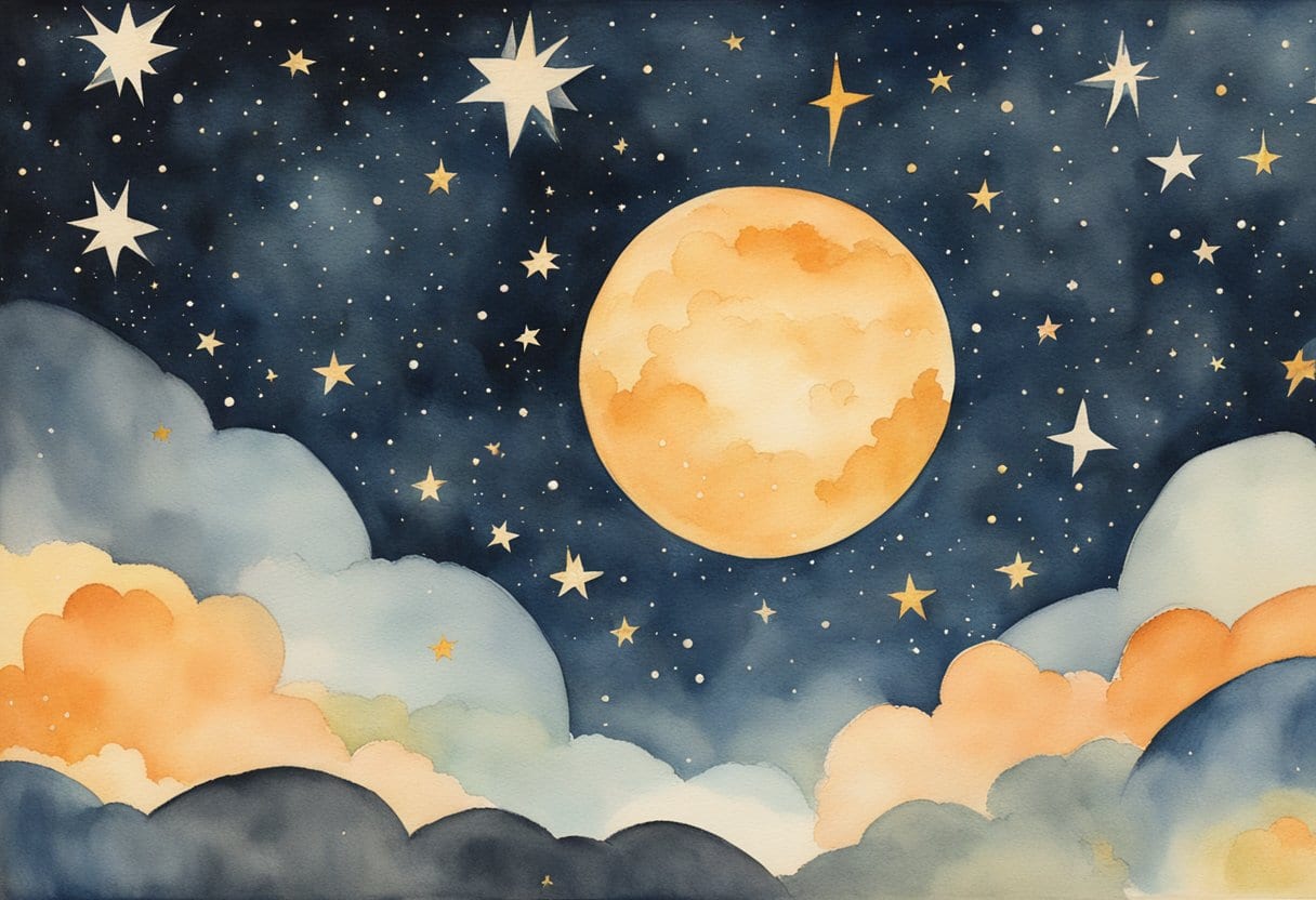 A dark night sky with Nyapillil, the Eastern Star Djulpan, shining brightly amidst a backdrop of twinkling stars and celestial bodies