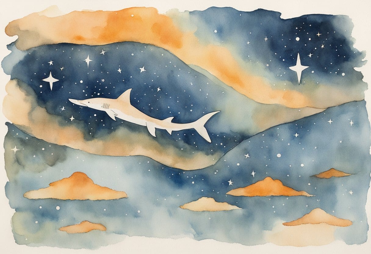 A vast night sky with a shimmering Shark Constellation, Wurran, as a central figure in Yolngu Aboriginal star lore
