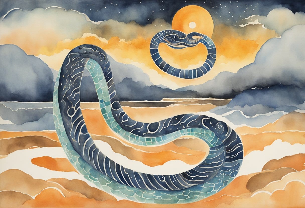 A powerful lightning serpent coils around a celestial landscape, embodying the ancient Yolngu mythology of Larrpan, the Lightning Serpent Djulpan
