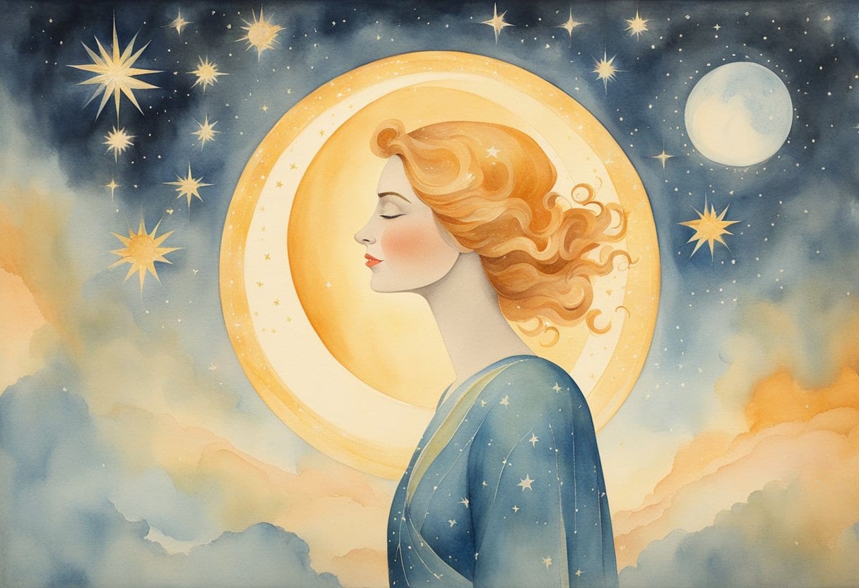 A radiant woman with a glowing sun for a head, surrounded by celestial bodies and shining stars