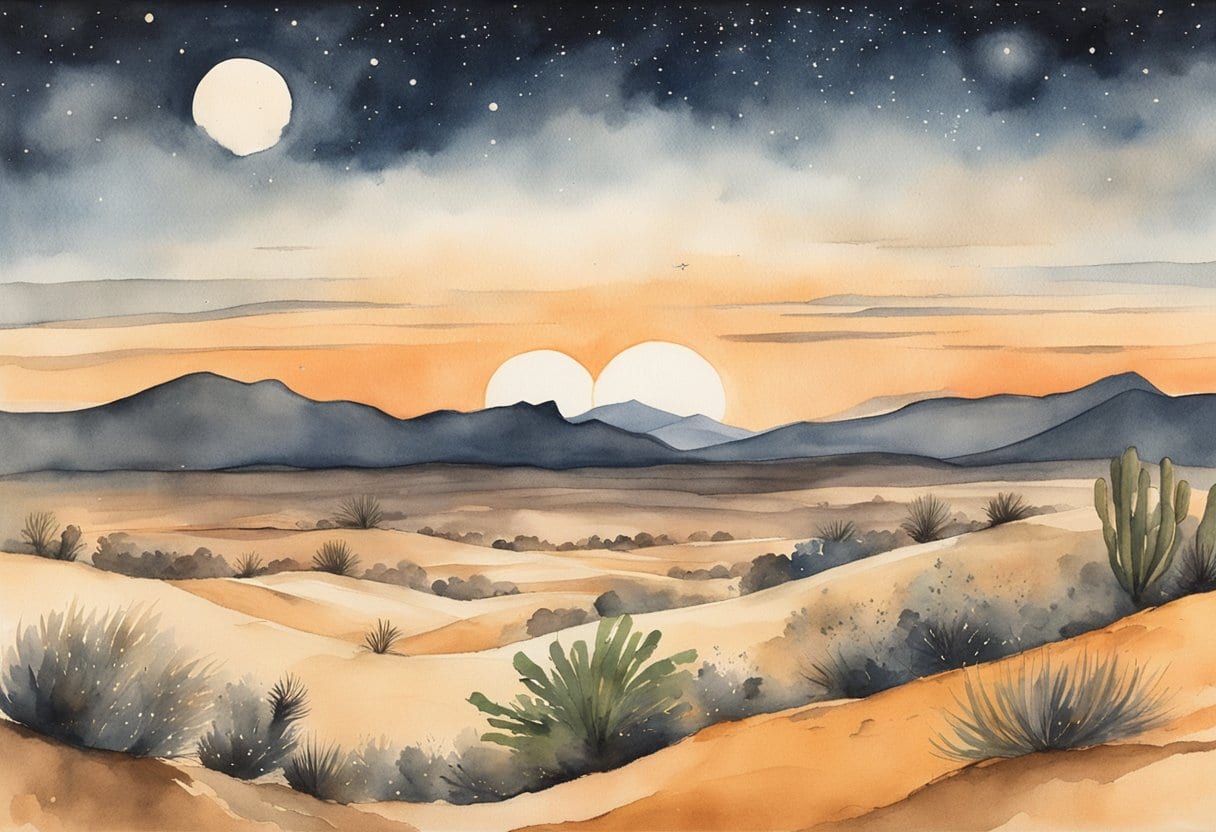 A vast desert landscape with a prominent night sky filled with stars and celestial bodies, reflecting the rich mythology of the Yolngu people