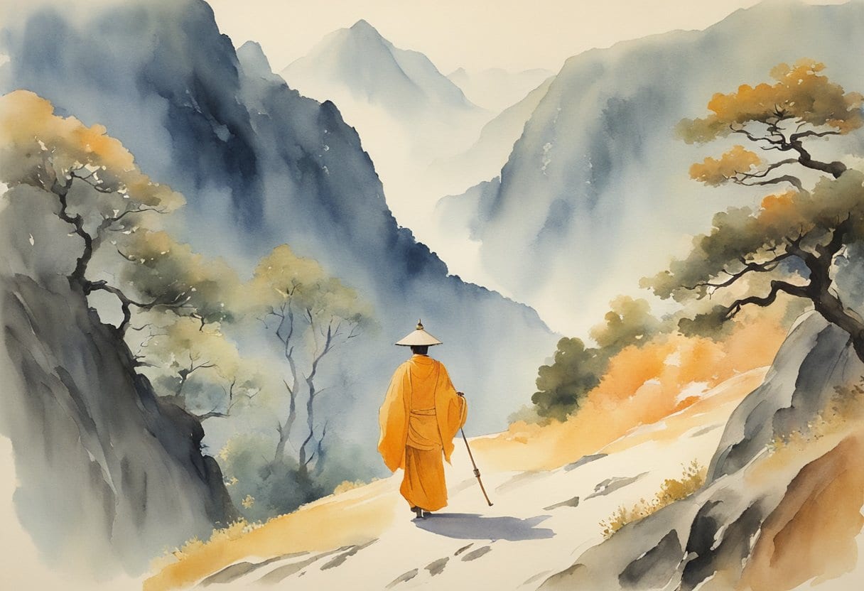 A lone figure travels through a mountainous landscape, carrying a staff and wearing traditional Buddhist robes