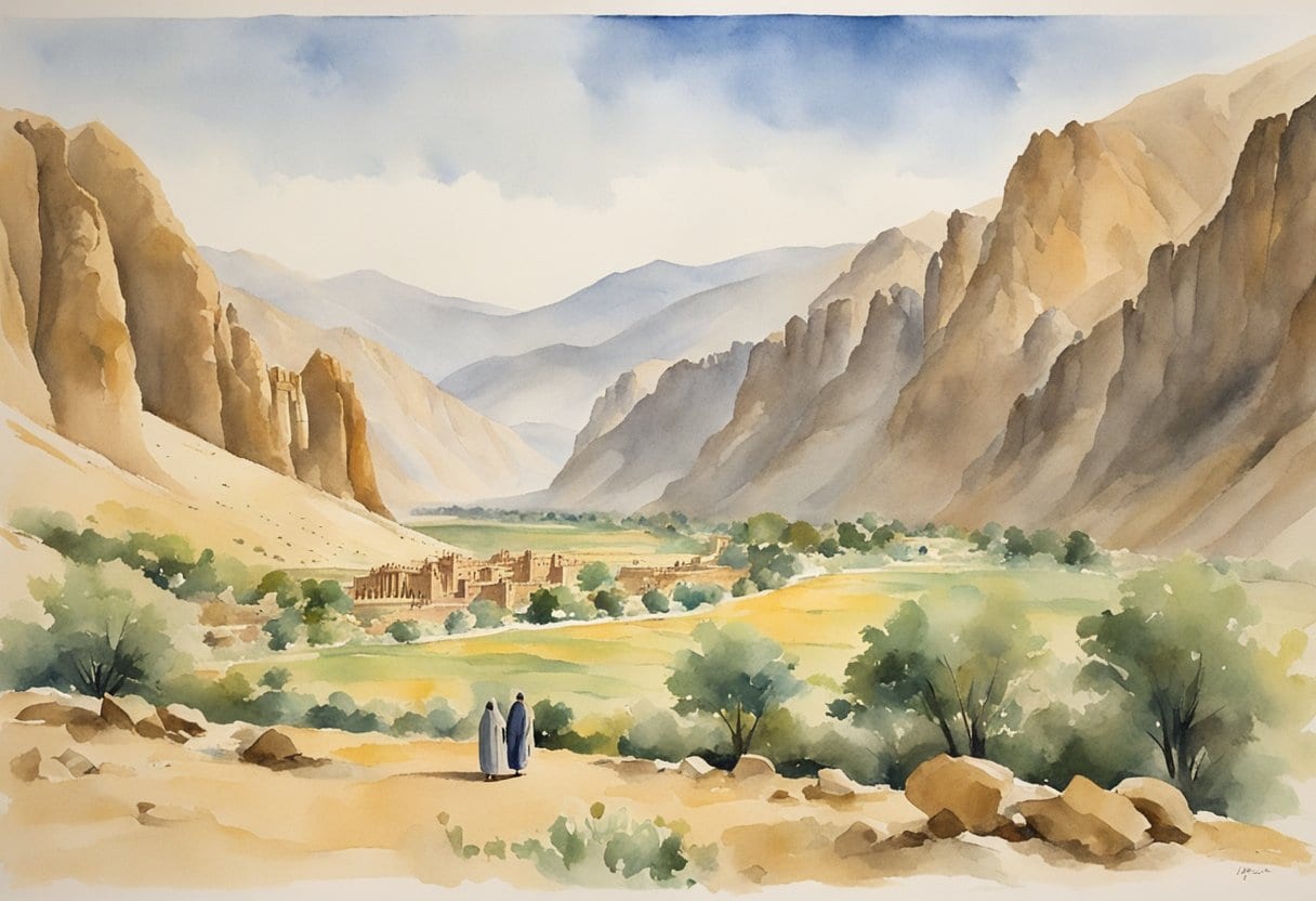 A serene Bamiyan Valley with Buddhist relics, visited by Chinese explorers on a pilgrimage