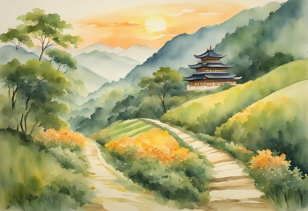 A serene mountain path winds through lush green valleys, leading to ancient Buddhist temples and sacred sites. The sun sets behind distant peaks, casting a golden glow over the landscape