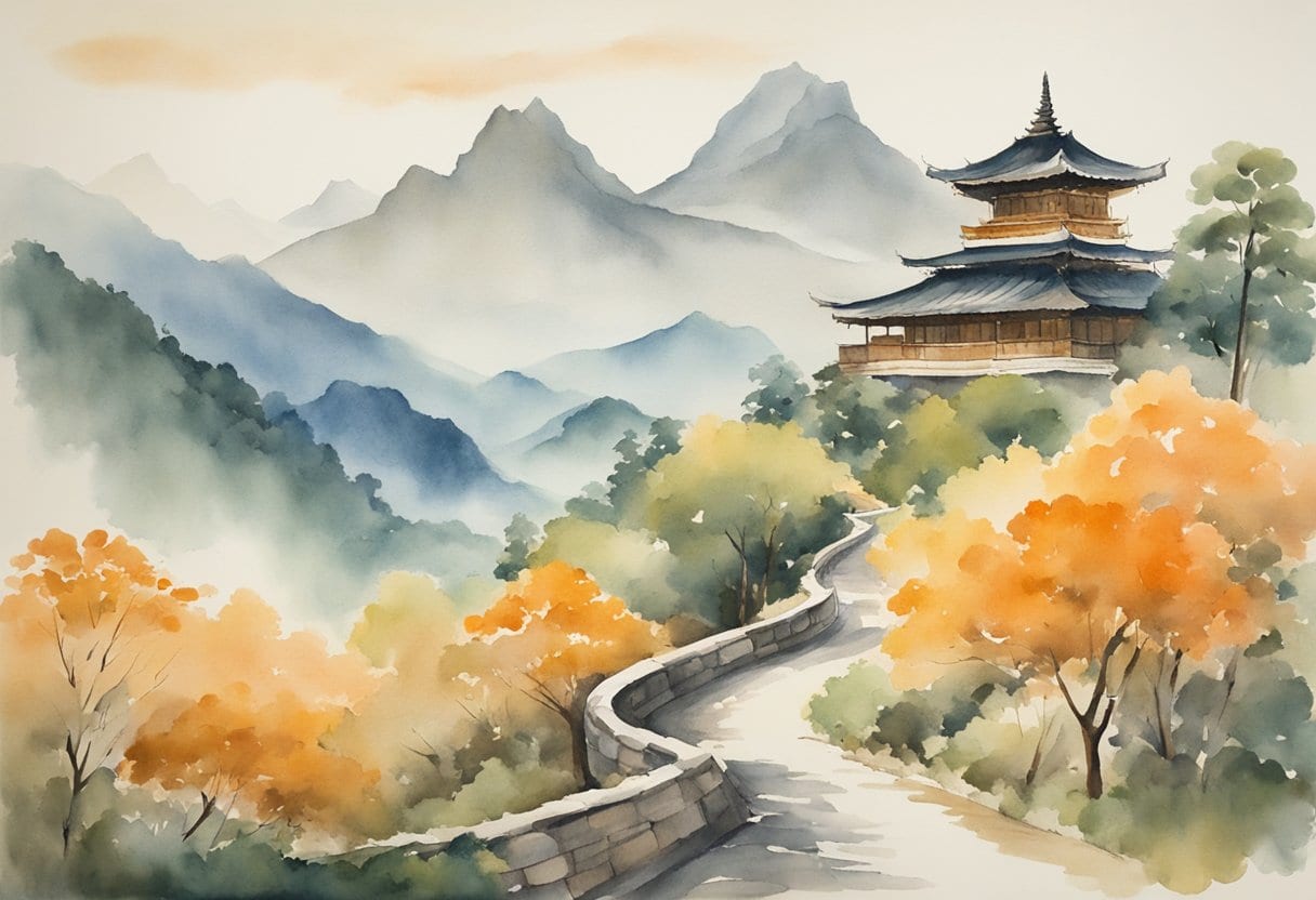 A serene mountain landscape with a winding path leading to a grand Buddhist temple nestled among the peaks
