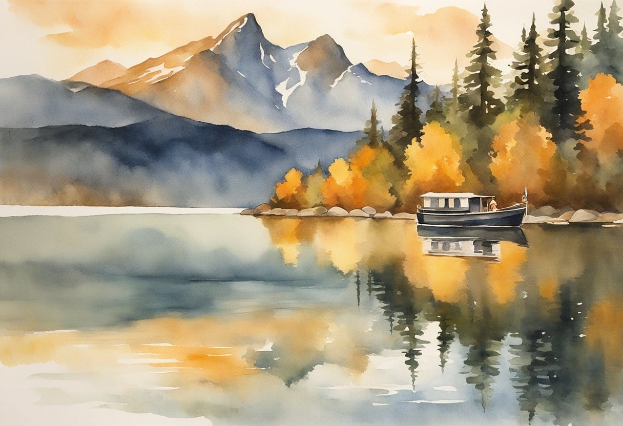 A senior traveler sits by a serene lake, capturing the reflection of the mountains in their camera lens. The golden light of sunset illuminates the scene, inspiring creativity