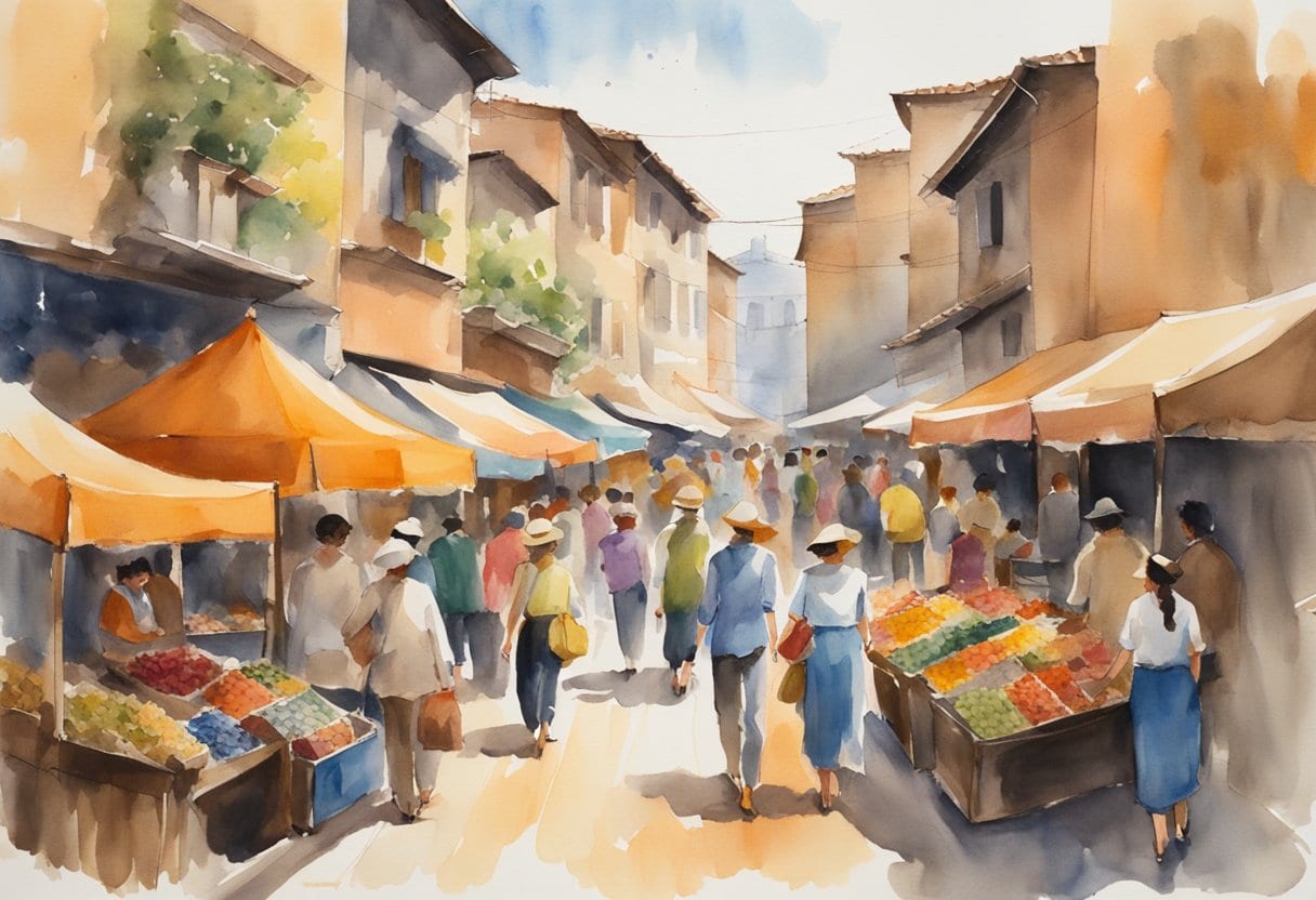 A bustling market filled with colorful textiles, traditional crafts, and local cuisine. Surrounding buildings showcase unique architecture and vibrant street art