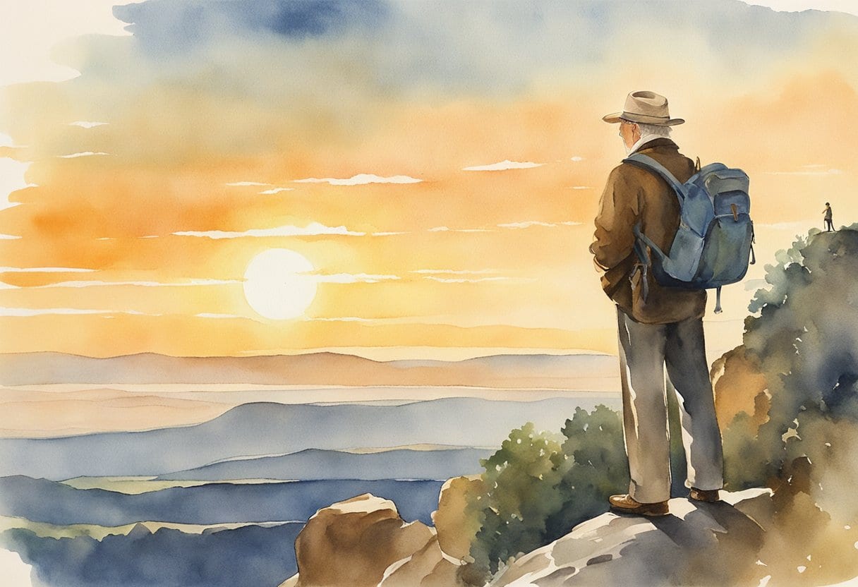 A senior traveler stands on a cliff, gazing at the sunset over a vast landscape, capturing the perfect backlit profile with their camera