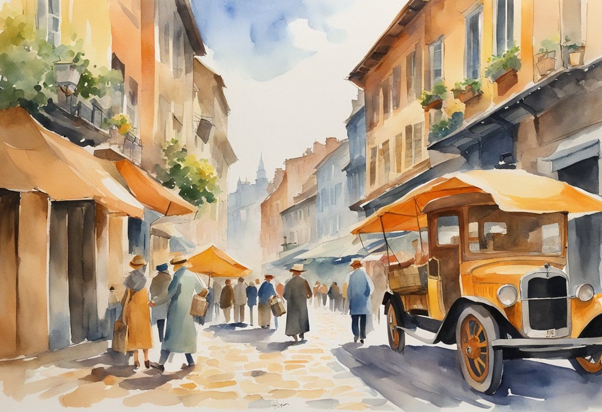 A senior traveler sets up a camera on a cobblestone street, framed by colorful buildings and bustling market stalls