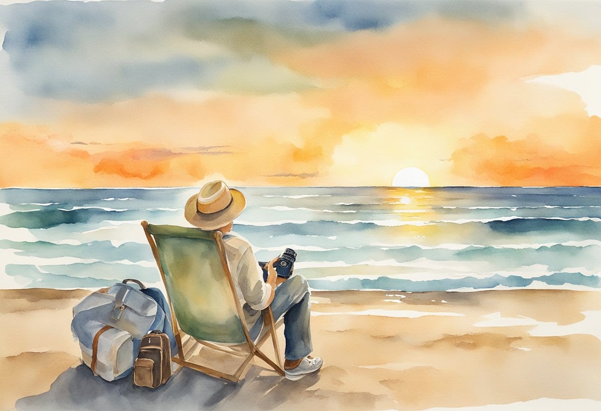 A senior traveler captures a stunning sunset over a tranquil beach with their camera, showcasing their creativity and passion for travel photography