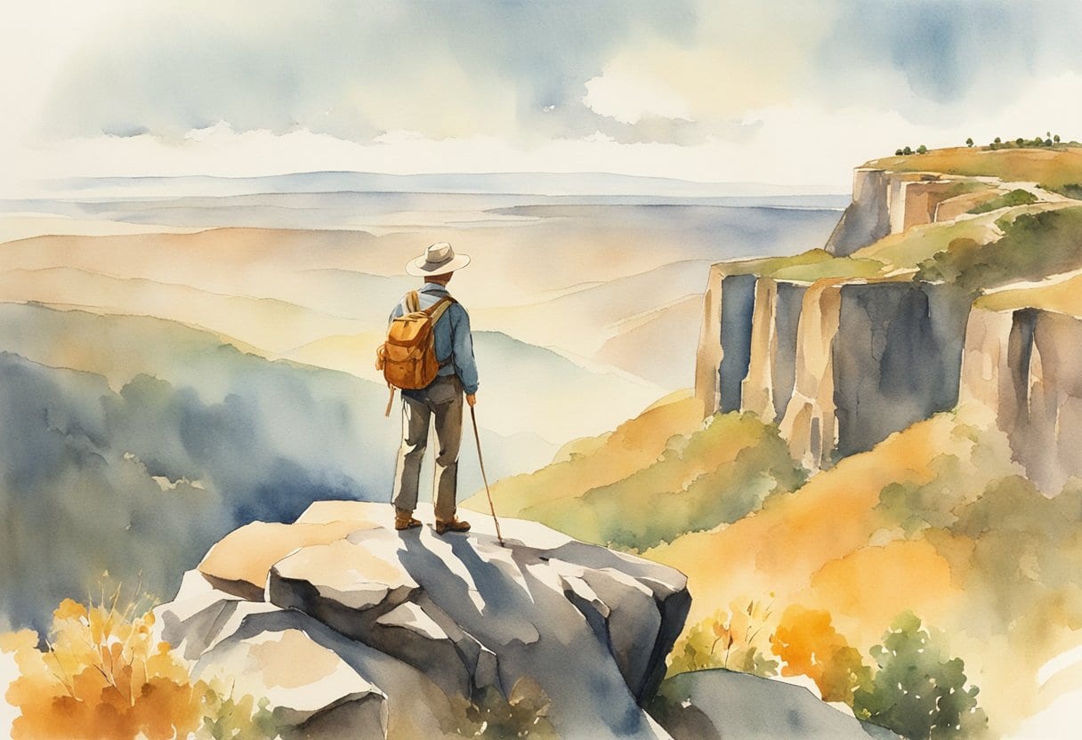 A senior traveler stands on a cliff overlooking a vast landscape, capturing the stunning scenery with a creative camera angle