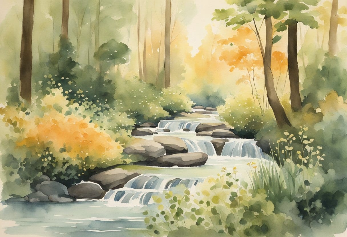 A serene forest clearing with a bubbling stream, surrounded by lush greenery and filled with ginseng root plants