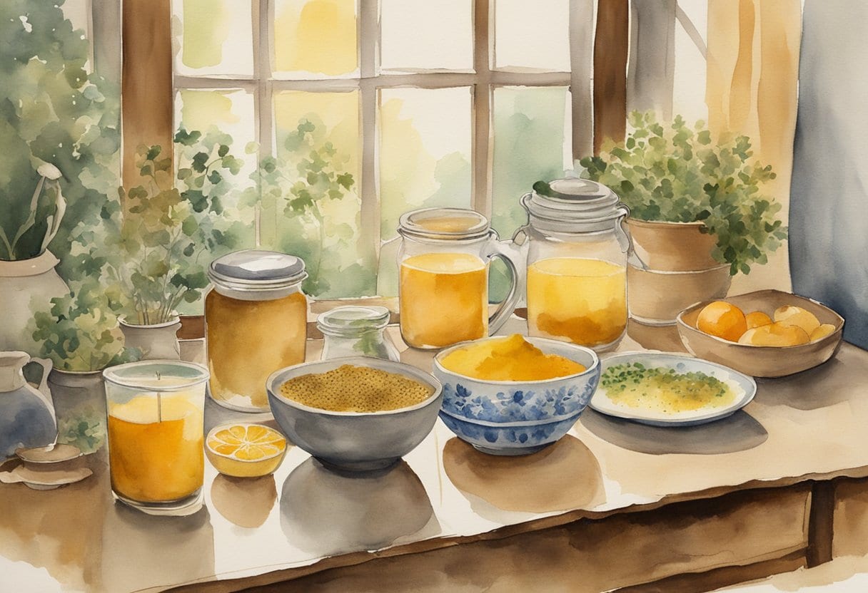 A cozy kitchen table with a steaming mug of golden milk surrounded by jars of herbs and spices. A senior sits nearby, looking content and healthy