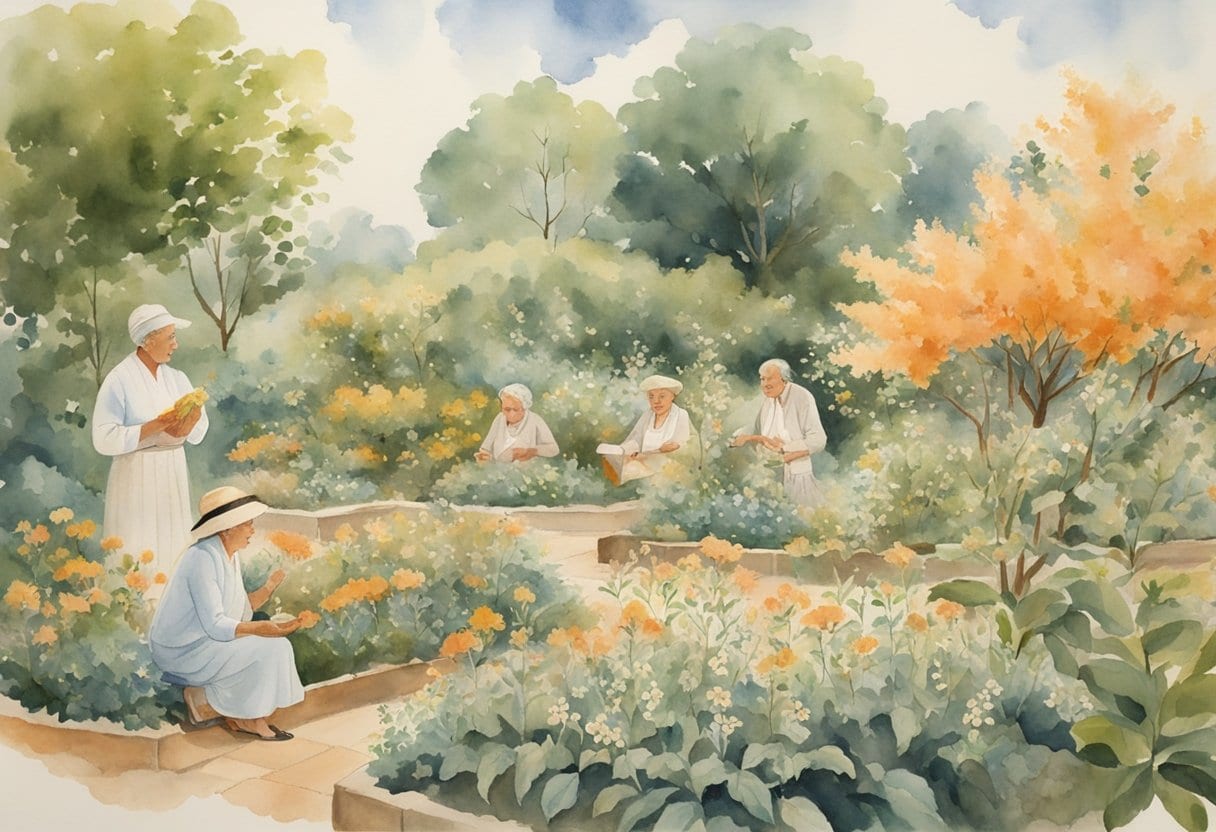 A serene garden with blooming Ashwagandha plants, surrounded by elderly individuals engaging in traditional herbal remedies
