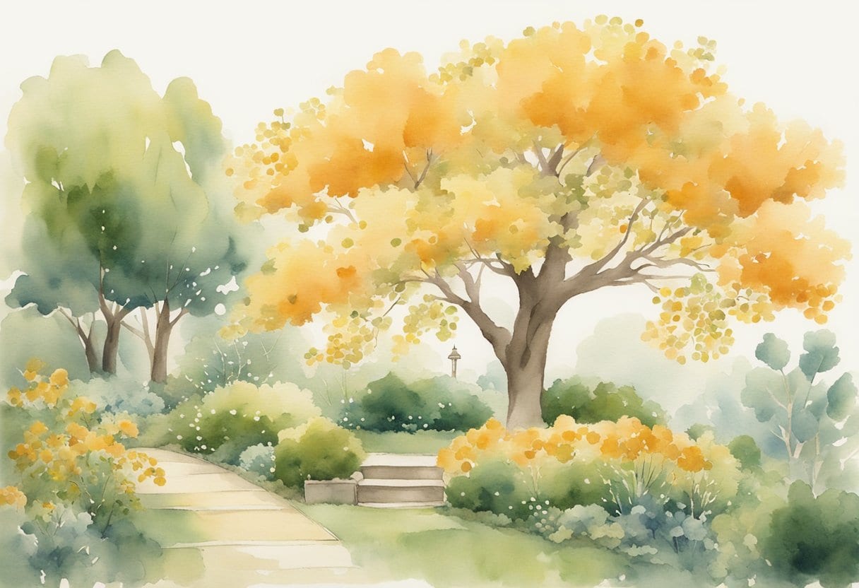 A serene garden with a mature ginkgo biloba tree, surrounded by traditional herbs and plants, with a sense of wisdom and well-being