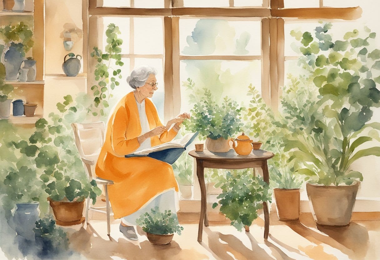 An elderly woman peacefully sipping valerian root tea in a cozy, sunlit room surrounded by potted herbs and a book on herbal remedies