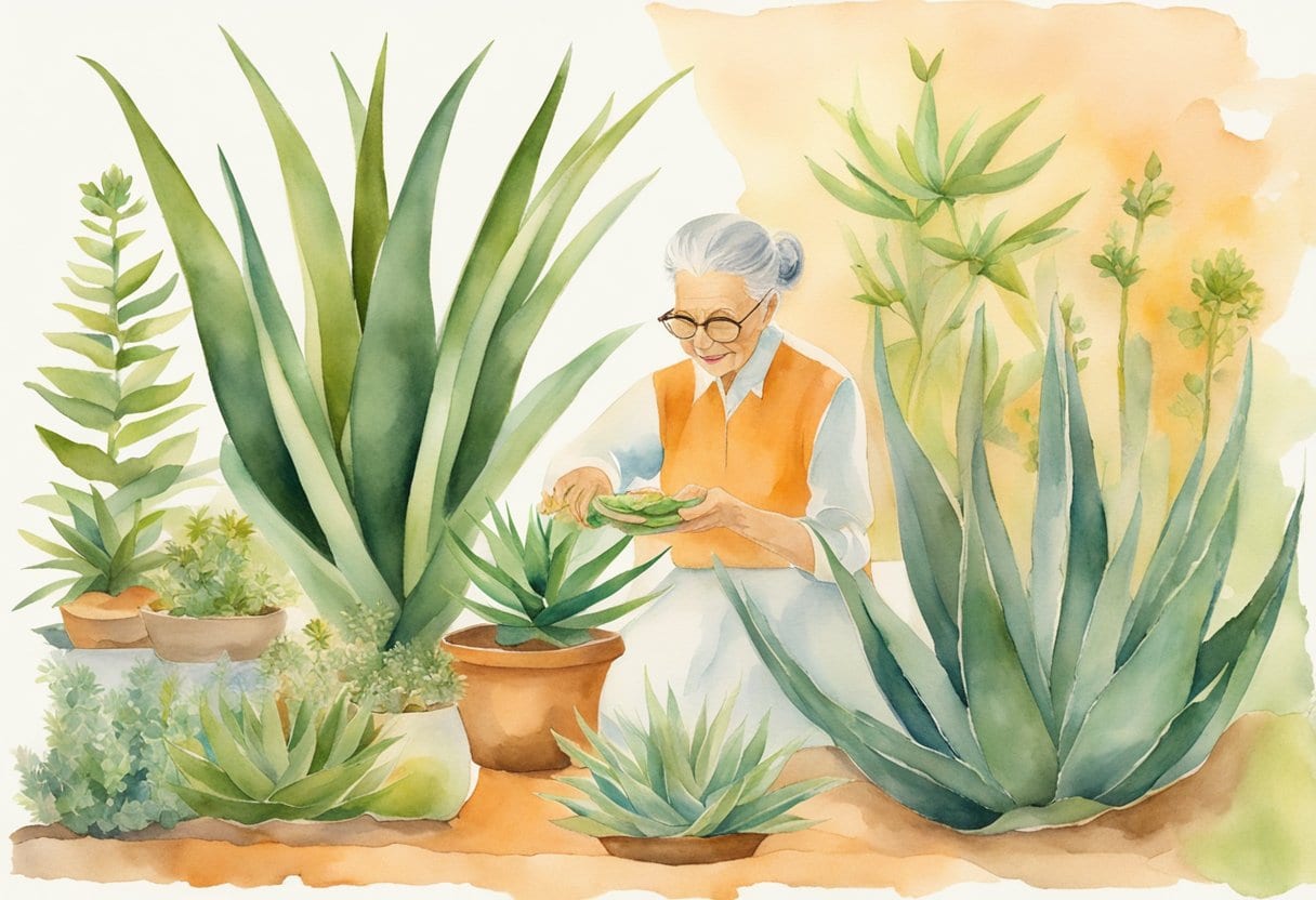 Aloe Vera plant surrounded by herbal ingredients and an elderly person using the gel for wellness