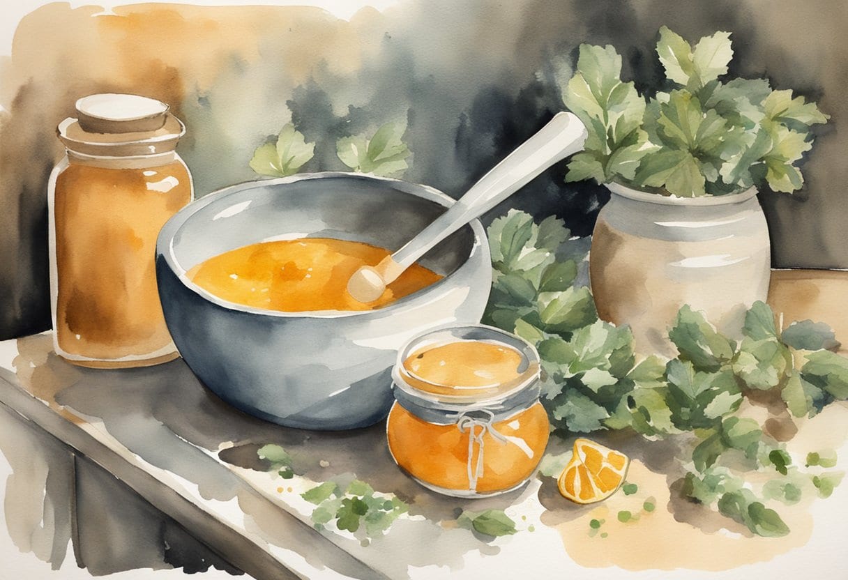A cozy, cluttered kitchen counter with a small jar of peppermint oil balm surrounded by dried herbs and mortar and pestle