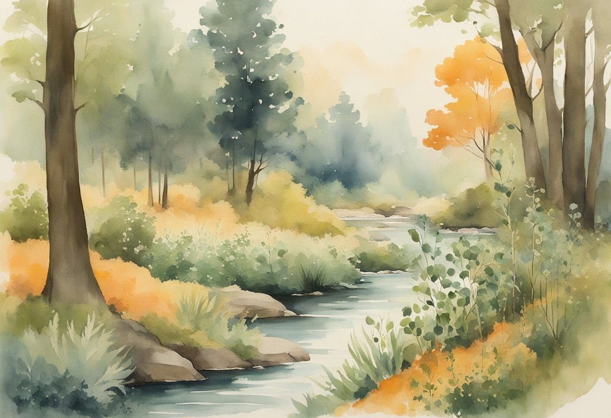 A serene forest clearing with various herbs and plants growing, a wise old tree standing tall, and a gentle stream flowing nearby