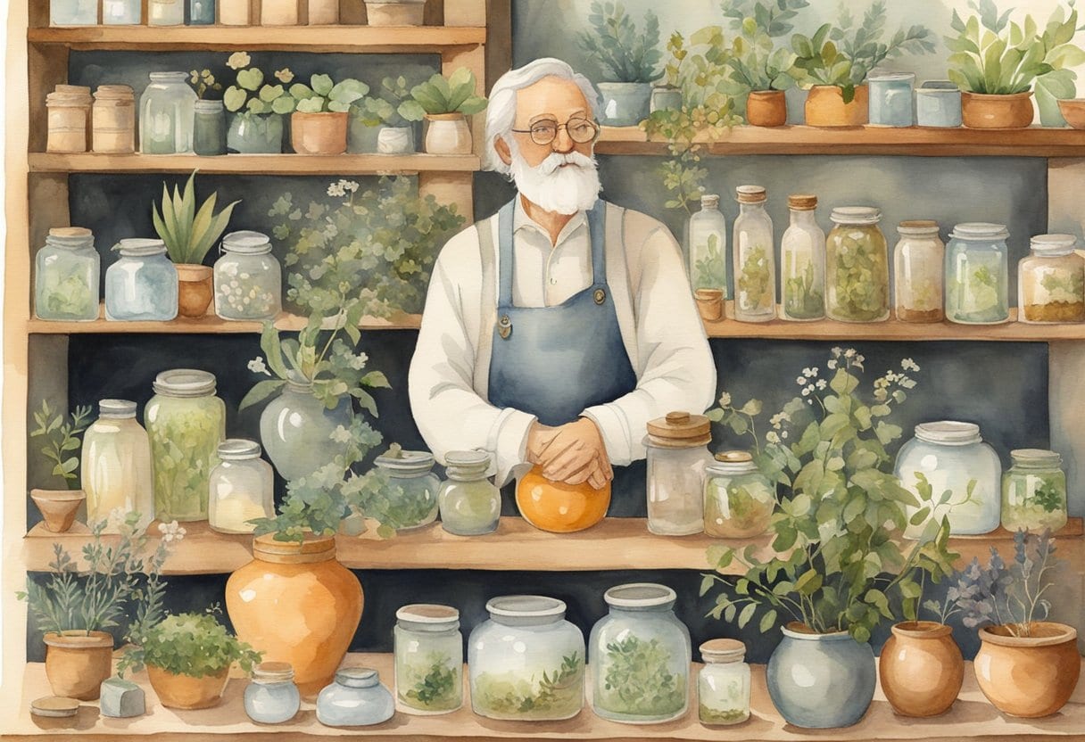 A cozy herbal apothecary filled with jars, plants, and brewing pots. A senior sits peacefully, surrounded by the soothing scents of traditional remedies