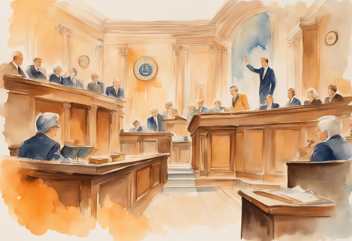 A courtroom with a gavel and scales of justice, surrounded by symbols of gender equality and advocacy